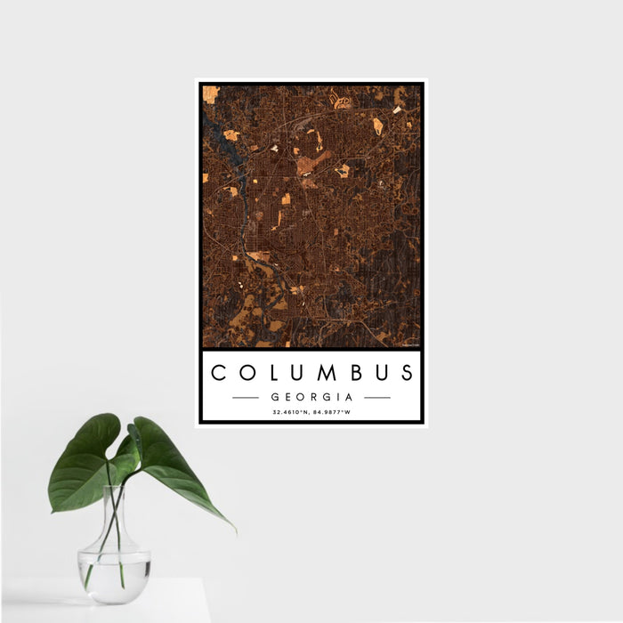 16x24 Columbus Georgia Map Print Portrait Orientation in Ember Style With Tropical Plant Leaves in Water