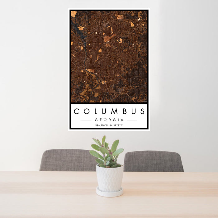 24x36 Columbus Georgia Map Print Portrait Orientation in Ember Style Behind 2 Chairs Table and Potted Plant