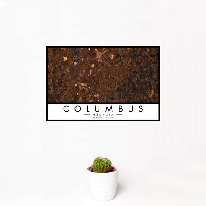 12x18 Columbus Georgia Map Print Landscape Orientation in Ember Style With Small Cactus Plant in White Planter