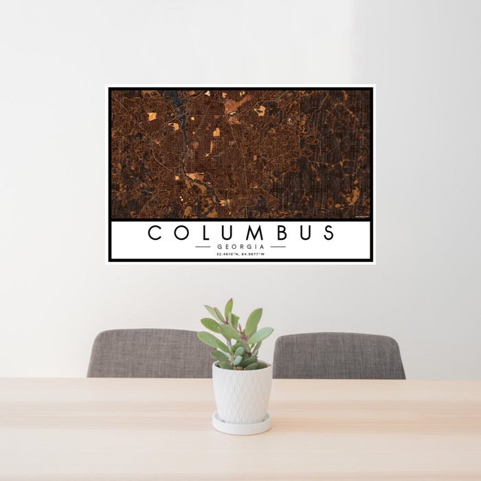 24x36 Columbus Georgia Map Print Landscape Orientation in Ember Style Behind 2 Chairs Table and Potted Plant