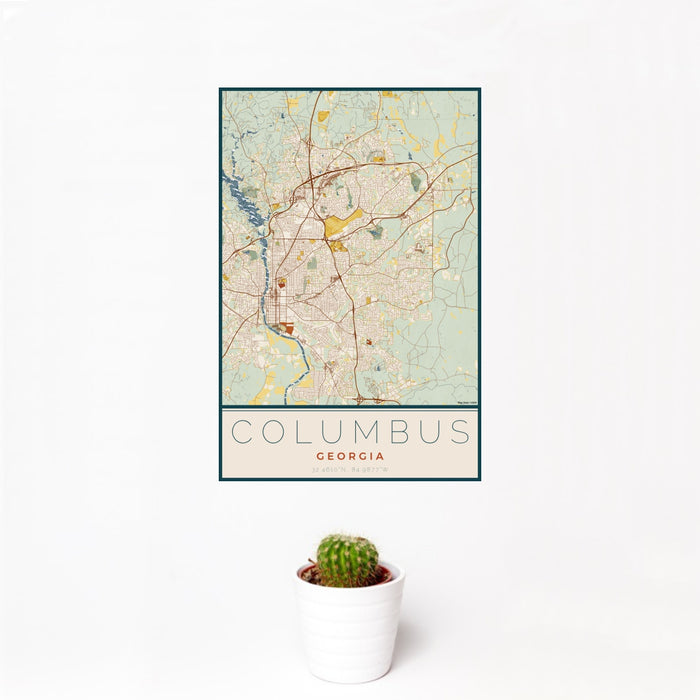 12x18 Columbus Georgia Map Print Portrait Orientation in Woodblock Style With Small Cactus Plant in White Planter