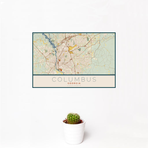 12x18 Columbus Georgia Map Print Landscape Orientation in Woodblock Style With Small Cactus Plant in White Planter
