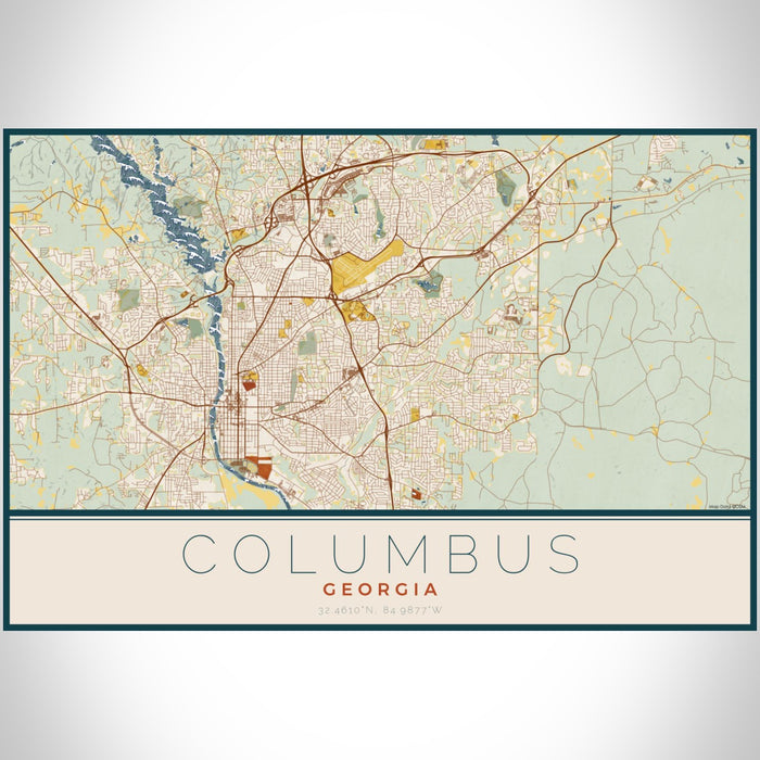 Columbus Georgia Map Print Landscape Orientation in Woodblock Style With Shaded Background