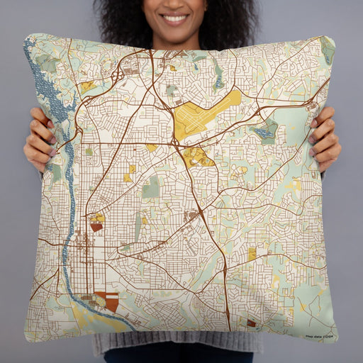 Person holding 22x22 Custom Columbus Georgia Map Throw Pillow in Woodblock