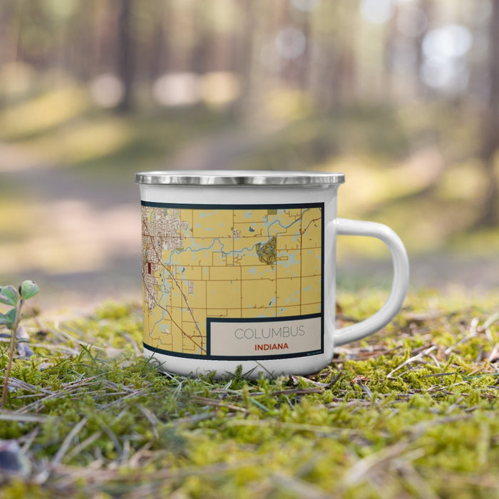 Right View Custom Columbus Indiana Map Enamel Mug in Woodblock on Grass With Trees in Background