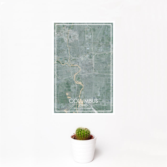 12x18 Columbus Ohio Map Print Portrait Orientation in Afternoon Style With Small Cactus Plant in White Planter