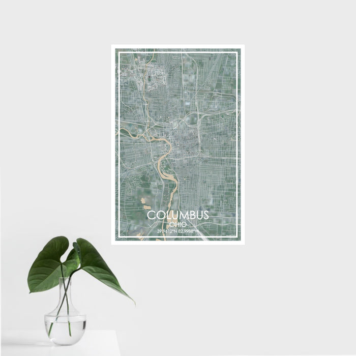 16x24 Columbus Ohio Map Print Portrait Orientation in Afternoon Style With Tropical Plant Leaves in Water