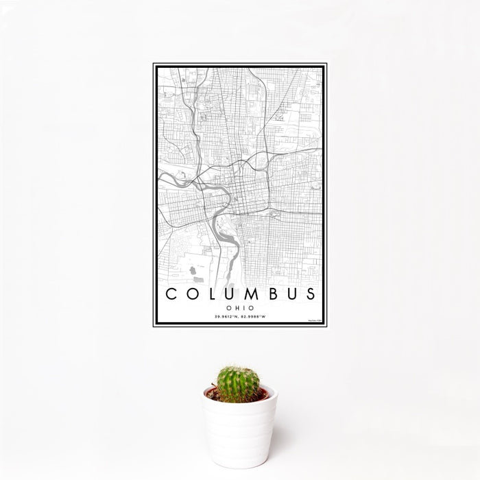 12x18 Columbus Ohio Map Print Portrait Orientation in Classic Style With Small Cactus Plant in White Planter