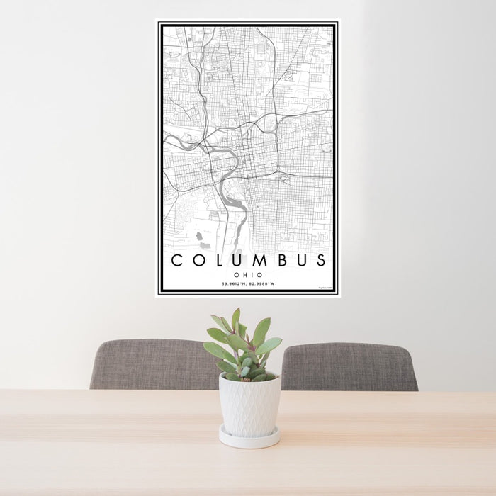 24x36 Columbus Ohio Map Print Portrait Orientation in Classic Style Behind 2 Chairs Table and Potted Plant