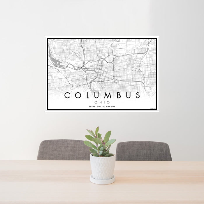 24x36 Columbus Ohio Map Print Landscape Orientation in Classic Style Behind 2 Chairs Table and Potted Plant