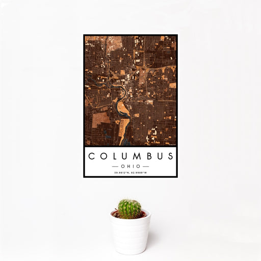12x18 Columbus Ohio Map Print Portrait Orientation in Ember Style With Small Cactus Plant in White Planter
