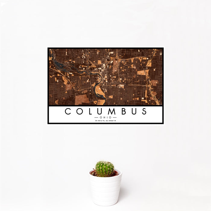 12x18 Columbus Ohio Map Print Landscape Orientation in Ember Style With Small Cactus Plant in White Planter
