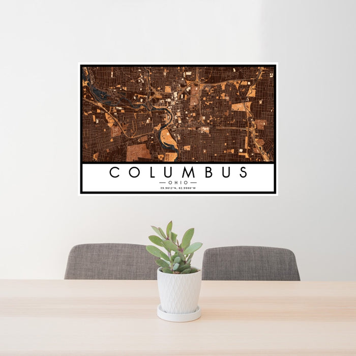 24x36 Columbus Ohio Map Print Landscape Orientation in Ember Style Behind 2 Chairs Table and Potted Plant