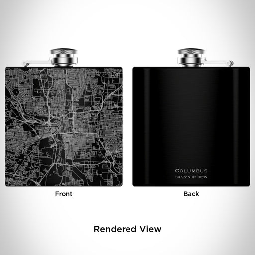 Rendered View of Columbus Ohio Map Engraving on 6oz Stainless Steel Flask in Black