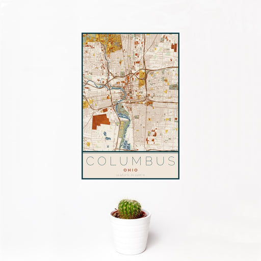 12x18 Columbus Ohio Map Print Portrait Orientation in Woodblock Style With Small Cactus Plant in White Planter
