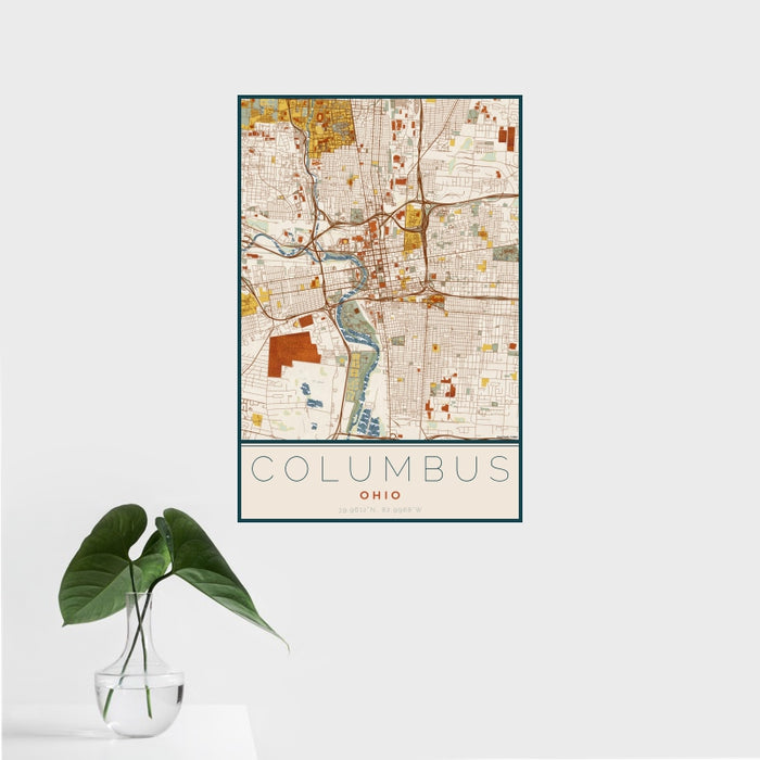 16x24 Columbus Ohio Map Print Portrait Orientation in Woodblock Style With Tropical Plant Leaves in Water