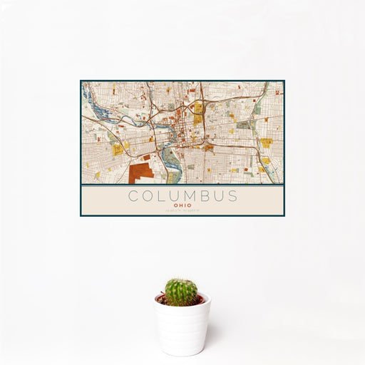 12x18 Columbus Ohio Map Print Landscape Orientation in Woodblock Style With Small Cactus Plant in White Planter