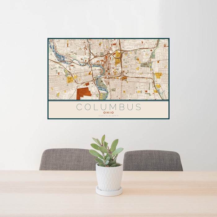 24x36 Columbus Ohio Map Print Landscape Orientation in Woodblock Style Behind 2 Chairs Table and Potted Plant