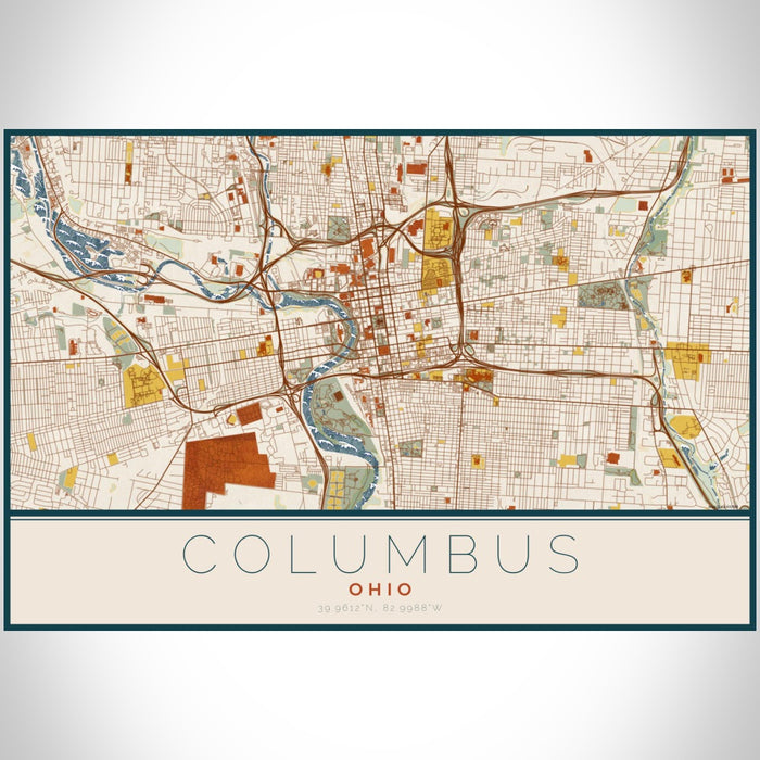 Columbus Ohio Map Print Landscape Orientation in Woodblock Style With Shaded Background