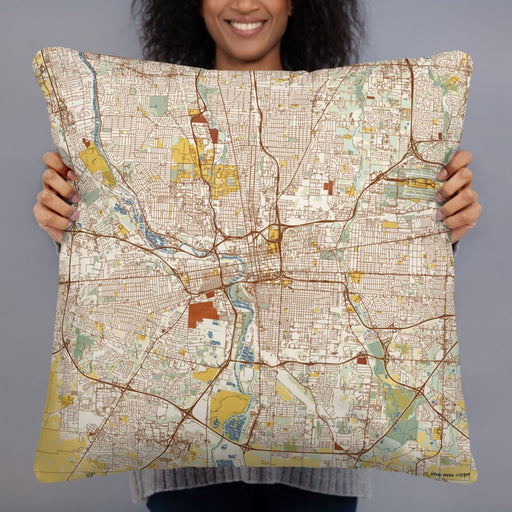 Person holding 22x22 Custom Columbus Ohio Map Throw Pillow in Woodblock