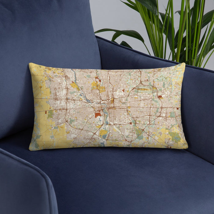 Custom Columbus Ohio Map Throw Pillow in Woodblock on Blue Colored Chair
