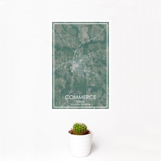 12x18 Commerce Texas Map Print Portrait Orientation in Afternoon Style With Small Cactus Plant in White Planter