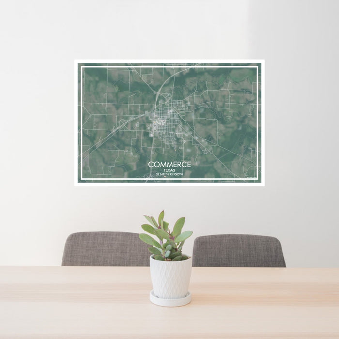 24x36 Commerce Texas Map Print Lanscape Orientation in Afternoon Style Behind 2 Chairs Table and Potted Plant