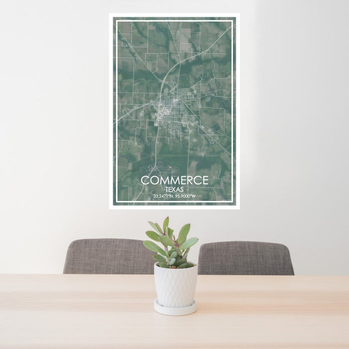 24x36 Commerce Texas Map Print Portrait Orientation in Afternoon Style Behind 2 Chairs Table and Potted Plant