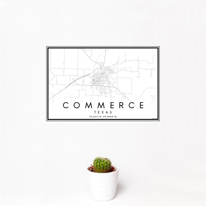 12x18 Commerce Texas Map Print Landscape Orientation in Classic Style With Small Cactus Plant in White Planter