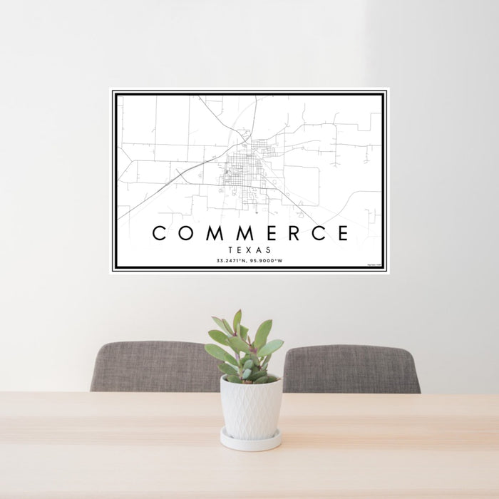 24x36 Commerce Texas Map Print Landscape Orientation in Classic Style Behind 2 Chairs Table and Potted Plant