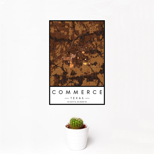 12x18 Commerce Texas Map Print Portrait Orientation in Ember Style With Small Cactus Plant in White Planter
