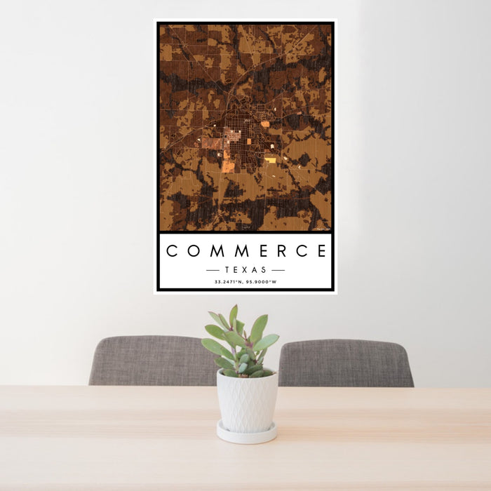 24x36 Commerce Texas Map Print Portrait Orientation in Ember Style Behind 2 Chairs Table and Potted Plant