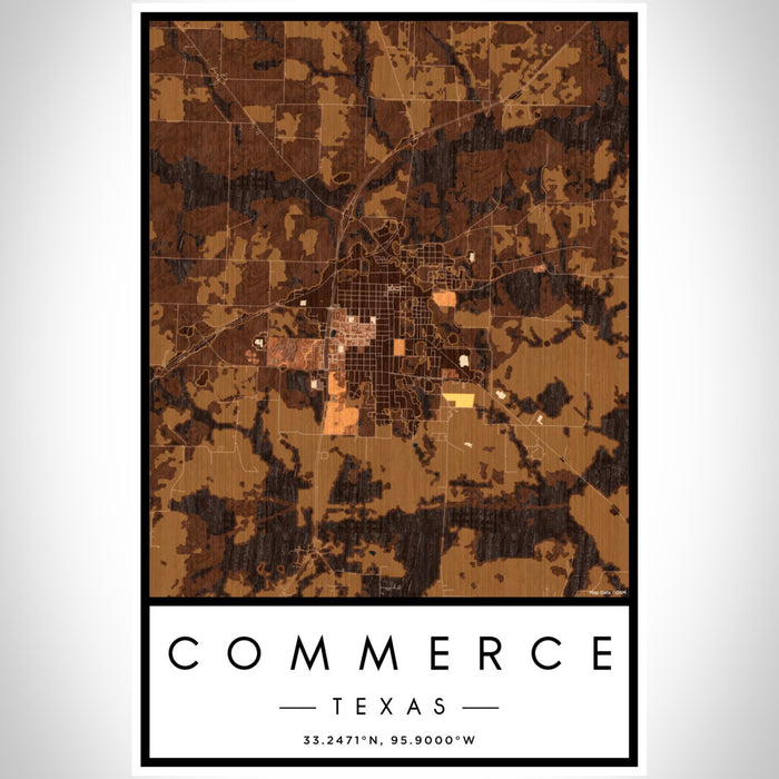 Commerce Texas Map Print Portrait Orientation in Ember Style With Shaded Background