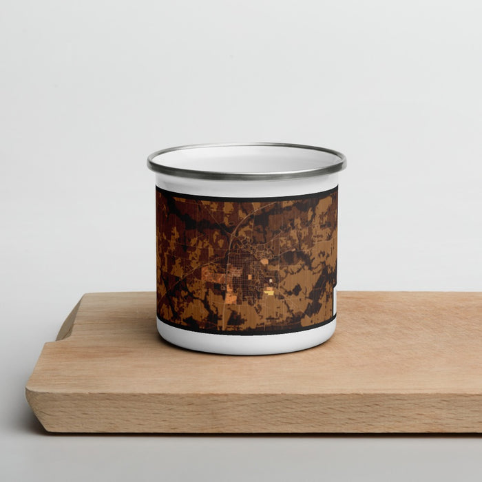 Front View Custom Commerce Texas Map Enamel Mug in Ember on Cutting Board
