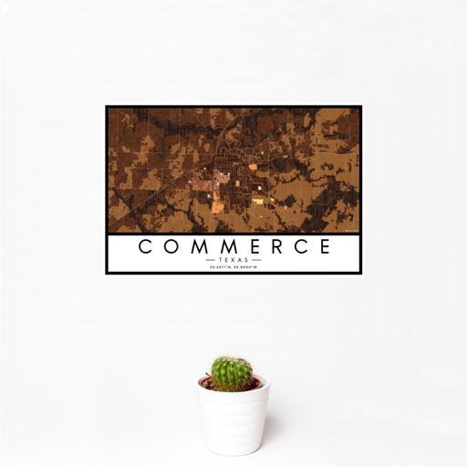 12x18 Commerce Texas Map Print Landscape Orientation in Ember Style With Small Cactus Plant in White Planter