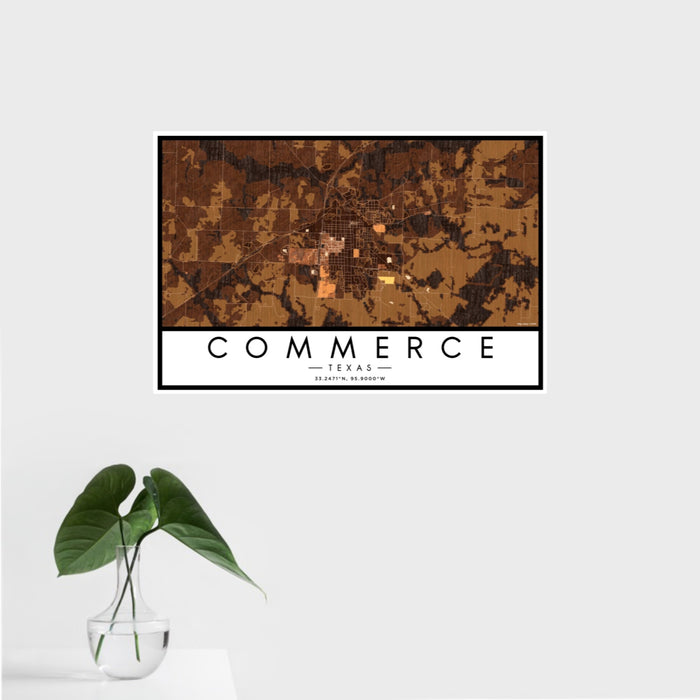 16x24 Commerce Texas Map Print Landscape Orientation in Ember Style With Tropical Plant Leaves in Water
