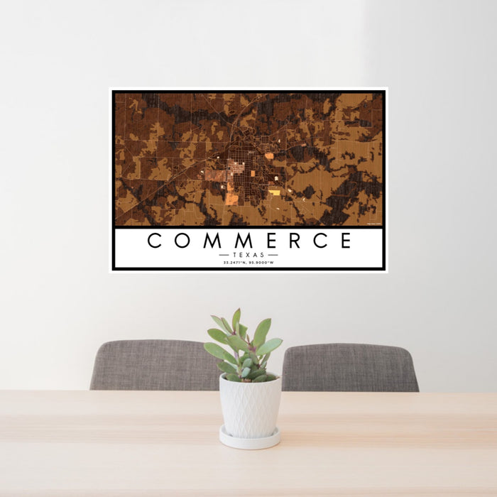 24x36 Commerce Texas Map Print Landscape Orientation in Ember Style Behind 2 Chairs Table and Potted Plant
