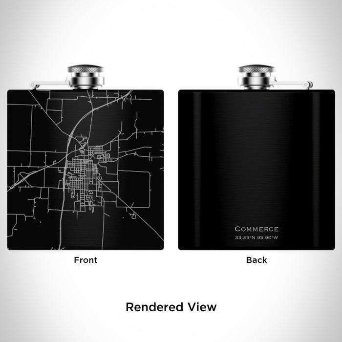 Rendered View of Commerce Texas Map Engraving on 6oz Stainless Steel Flask in Black