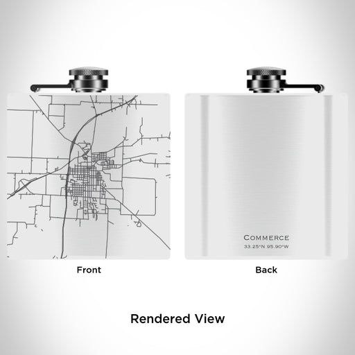 Rendered View of Commerce Texas Map Engraving on 6oz Stainless Steel Flask in White