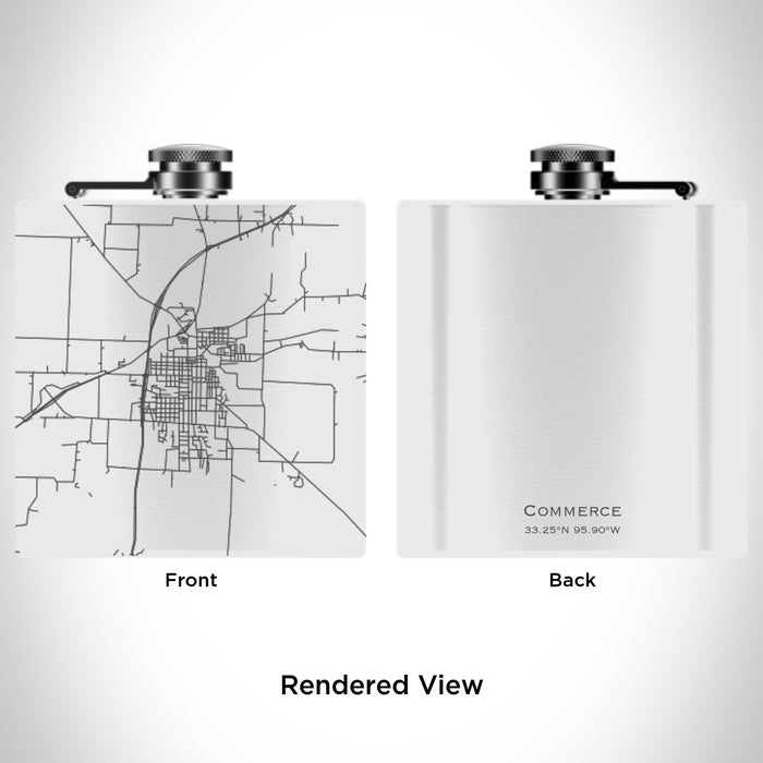 Rendered View of Commerce Texas Map Engraving on 6oz Stainless Steel Flask in White