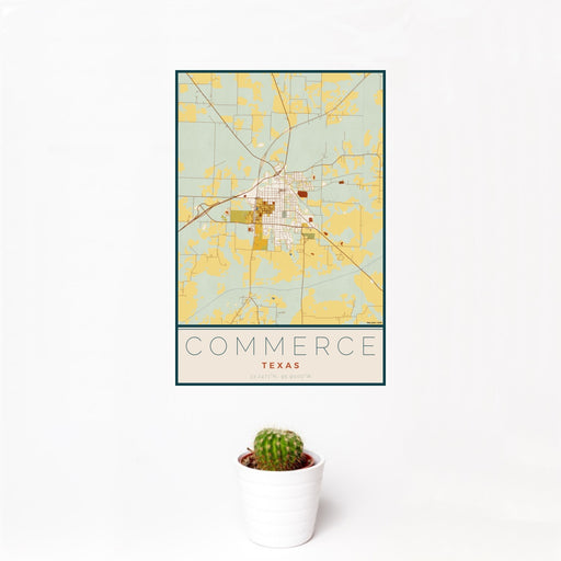 12x18 Commerce Texas Map Print Portrait Orientation in Woodblock Style With Small Cactus Plant in White Planter
