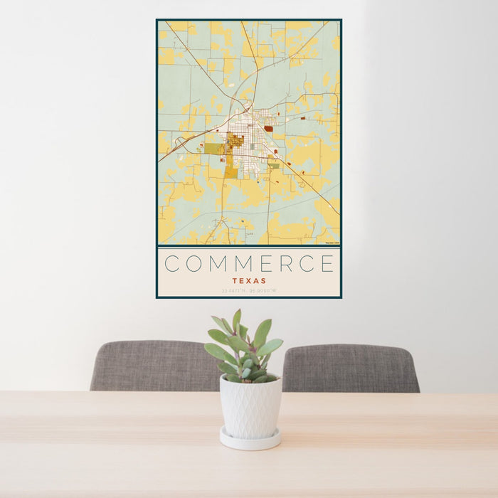 24x36 Commerce Texas Map Print Portrait Orientation in Woodblock Style Behind 2 Chairs Table and Potted Plant