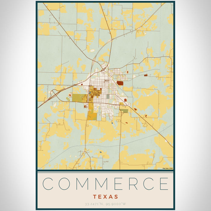 Commerce Texas Map Print Portrait Orientation in Woodblock Style With Shaded Background