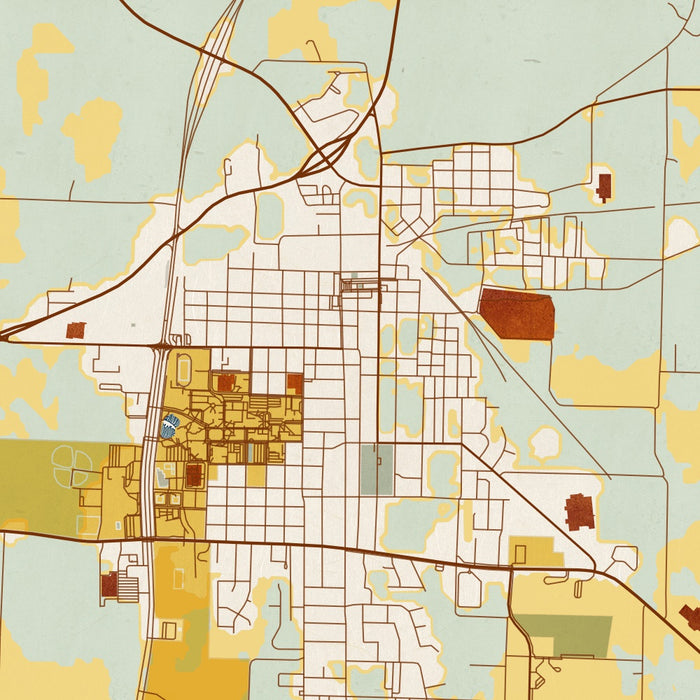 Commerce Texas Map Print in Woodblock Style Zoomed In Close Up Showing Details