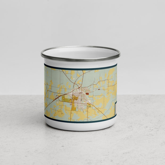 Front View Custom Commerce Texas Map Enamel Mug in Woodblock