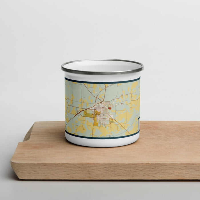Front View Custom Commerce Texas Map Enamel Mug in Woodblock on Cutting Board