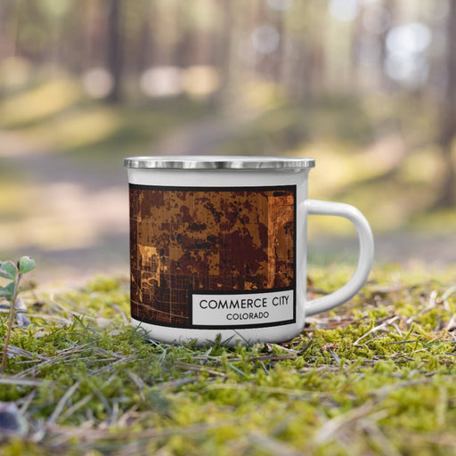 Right View Custom Commerce City Colorado Map Enamel Mug in Ember on Grass With Trees in Background