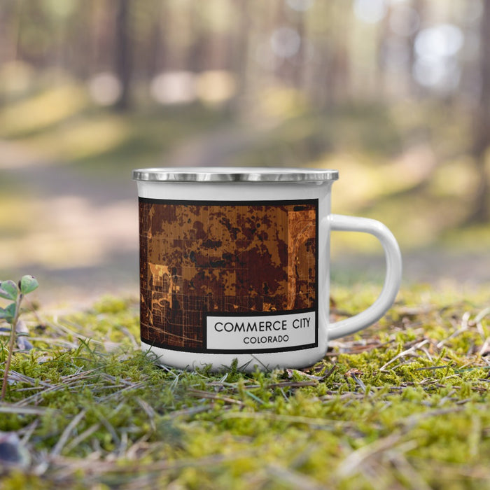 Right View Custom Commerce City Colorado Map Enamel Mug in Ember on Grass With Trees in Background