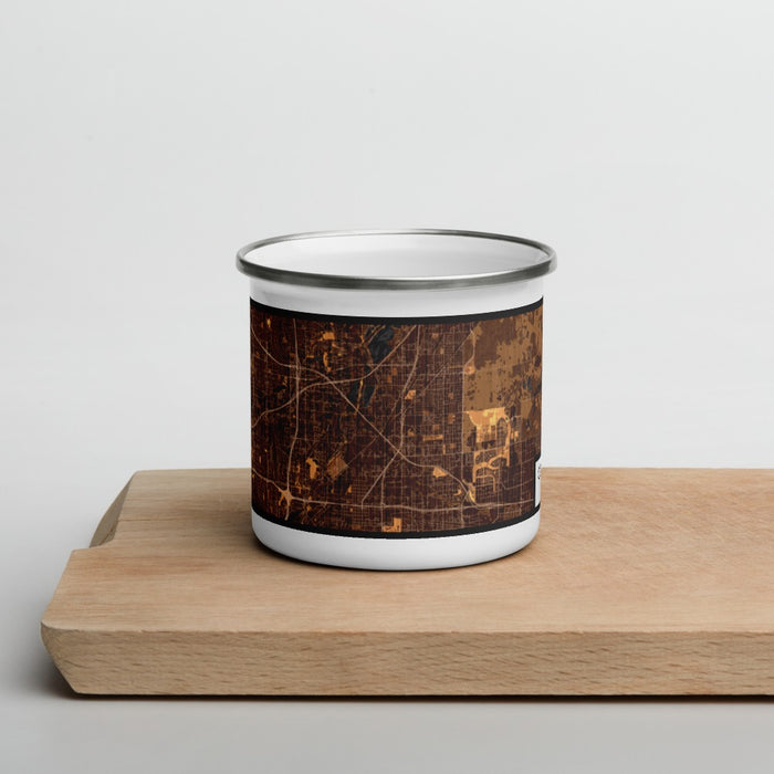 Front View Custom Commerce City Colorado Map Enamel Mug in Ember on Cutting Board