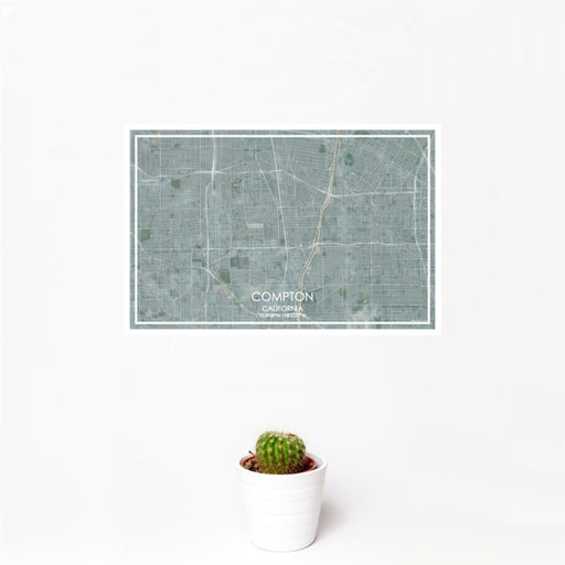 12x18 Compton California Map Print Landscape Orientation in Afternoon Style With Small Cactus Plant in White Planter